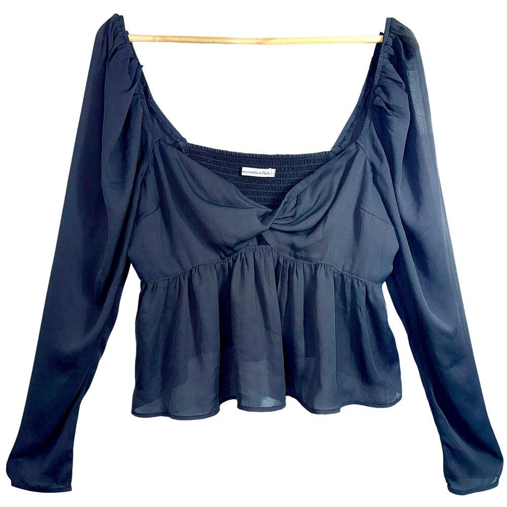 Abercrombie & Fitch Black Sheer Ruched Peplum Smocked Puff Sleeve Crop Top Sz L